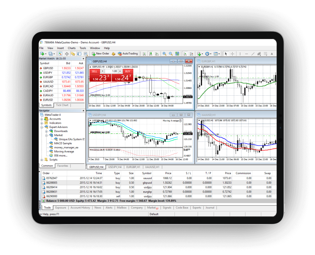 MGX Brokers MetaTrader5 trading terminal with charts and trading deals examples.